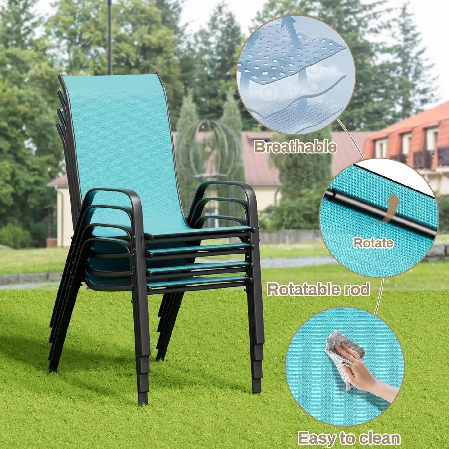 All Weather Patio Dining Set With 4 Stackable Textilene Chairs