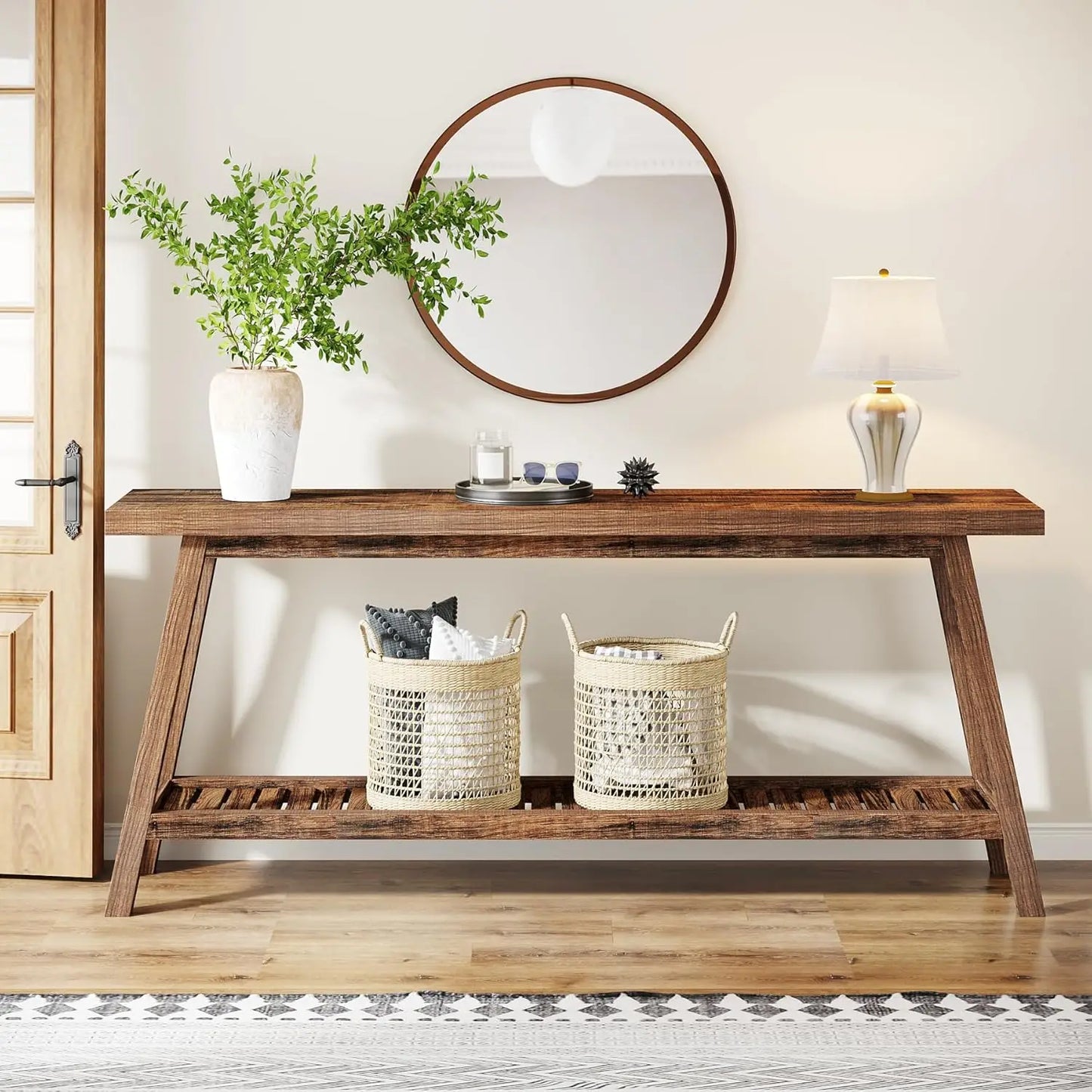70.9 Inches All Wood Console Table for Entrance, 2 Tiers Narrow Long Behind Couch Sofa Table for Hallway, Living Room, Brown