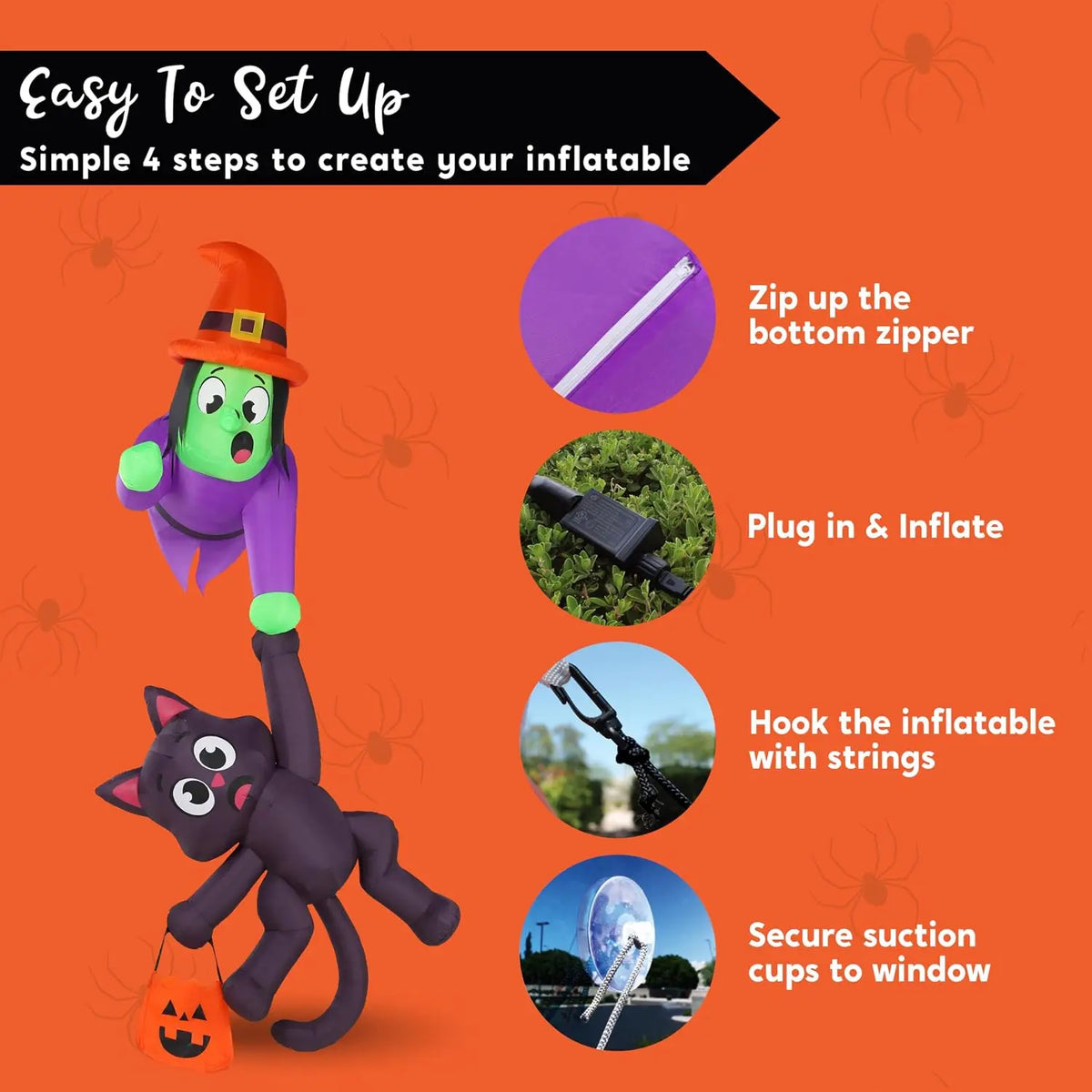 Halloween Witch And Cat Inflatable Roof Decoration With LED Lights
