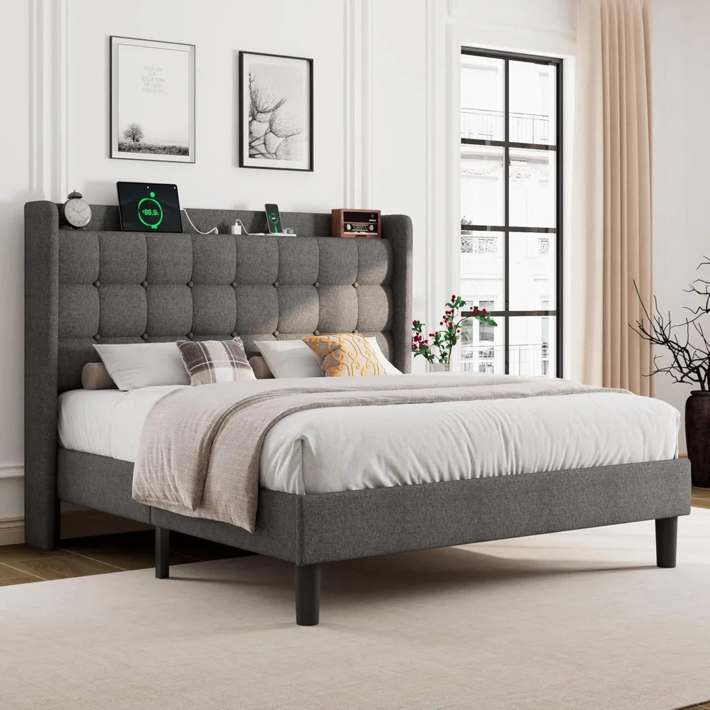 Upholstered Platform Bed Frame With Charging Station And Storage Headboard