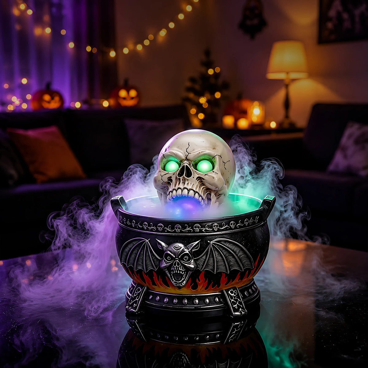 Halloween Skull Cauldron Statue With LED Light And Fog Effect