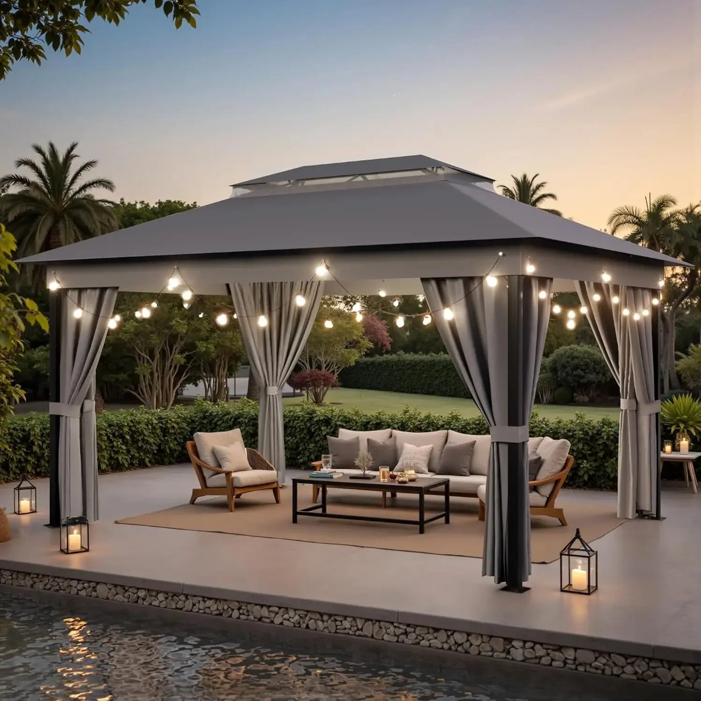Outdoor Gazebo Canopy With Heavy Duty Metal Frame Mosquito Net