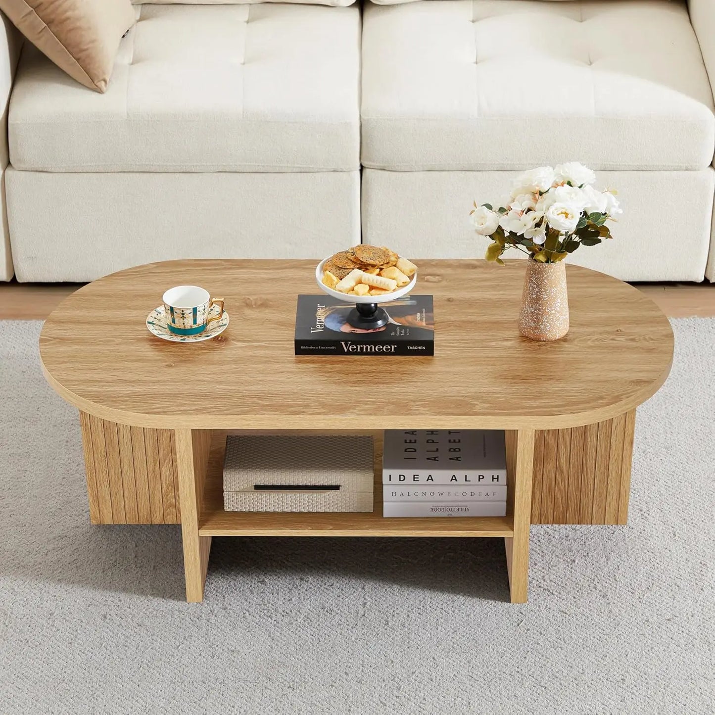 Modern Farmhouse Oval Coffee Table With Storage For Living Room