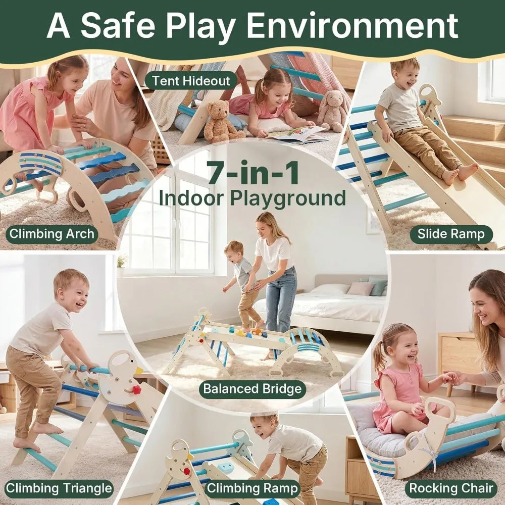 Foldable Pikler Triangle Set 7-In-1 Montessori Wooden Climbing Toys