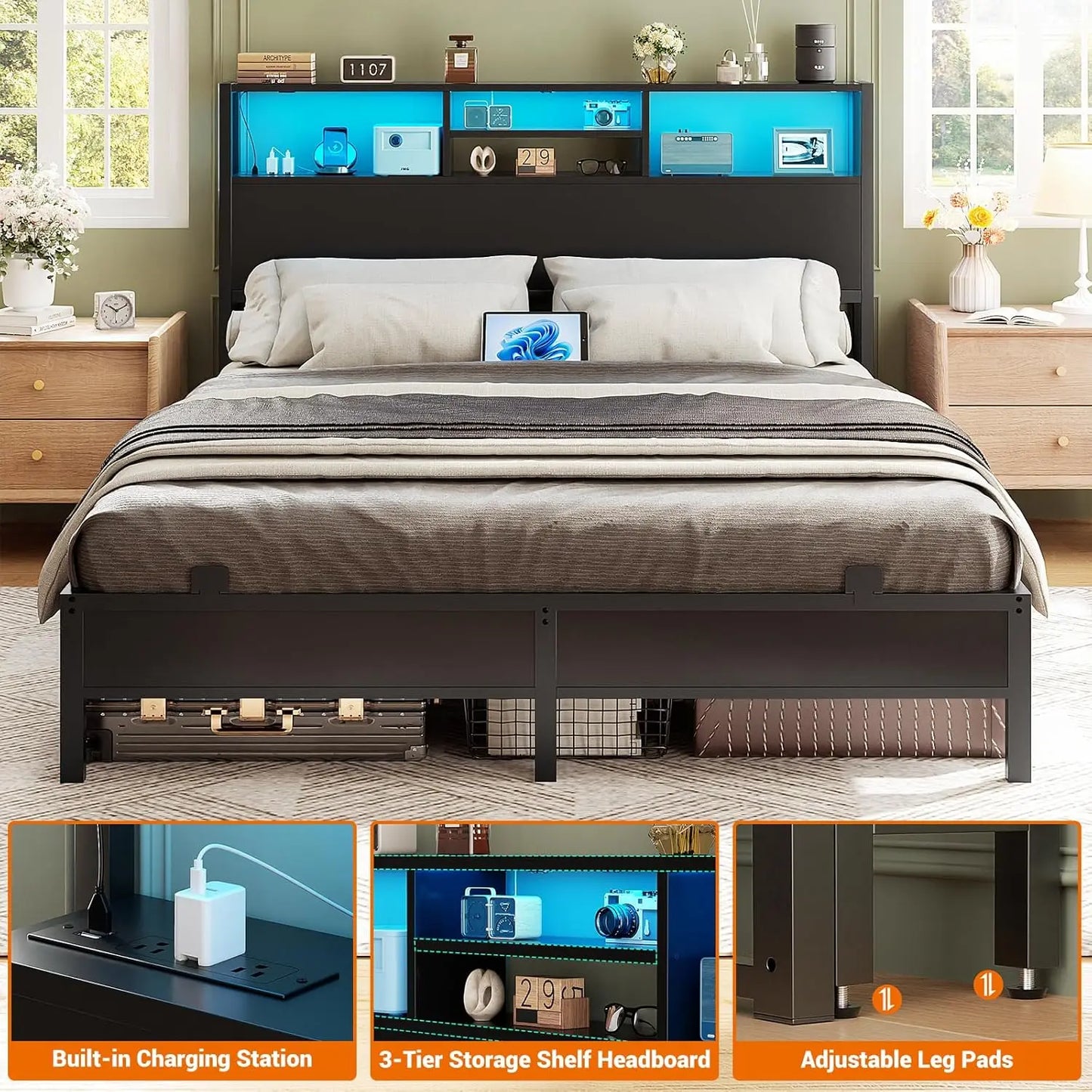 Bed Headboard With Storage Outlets USB Ports LED Light