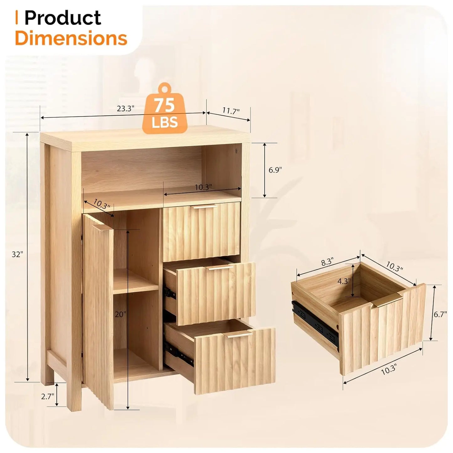 Fluted Bathroom Floor Storage Cabinet with Fluted Door 3 Drawers,Modern 12 Inch Deep Short Bathroom Storage Cabinet, Customized
