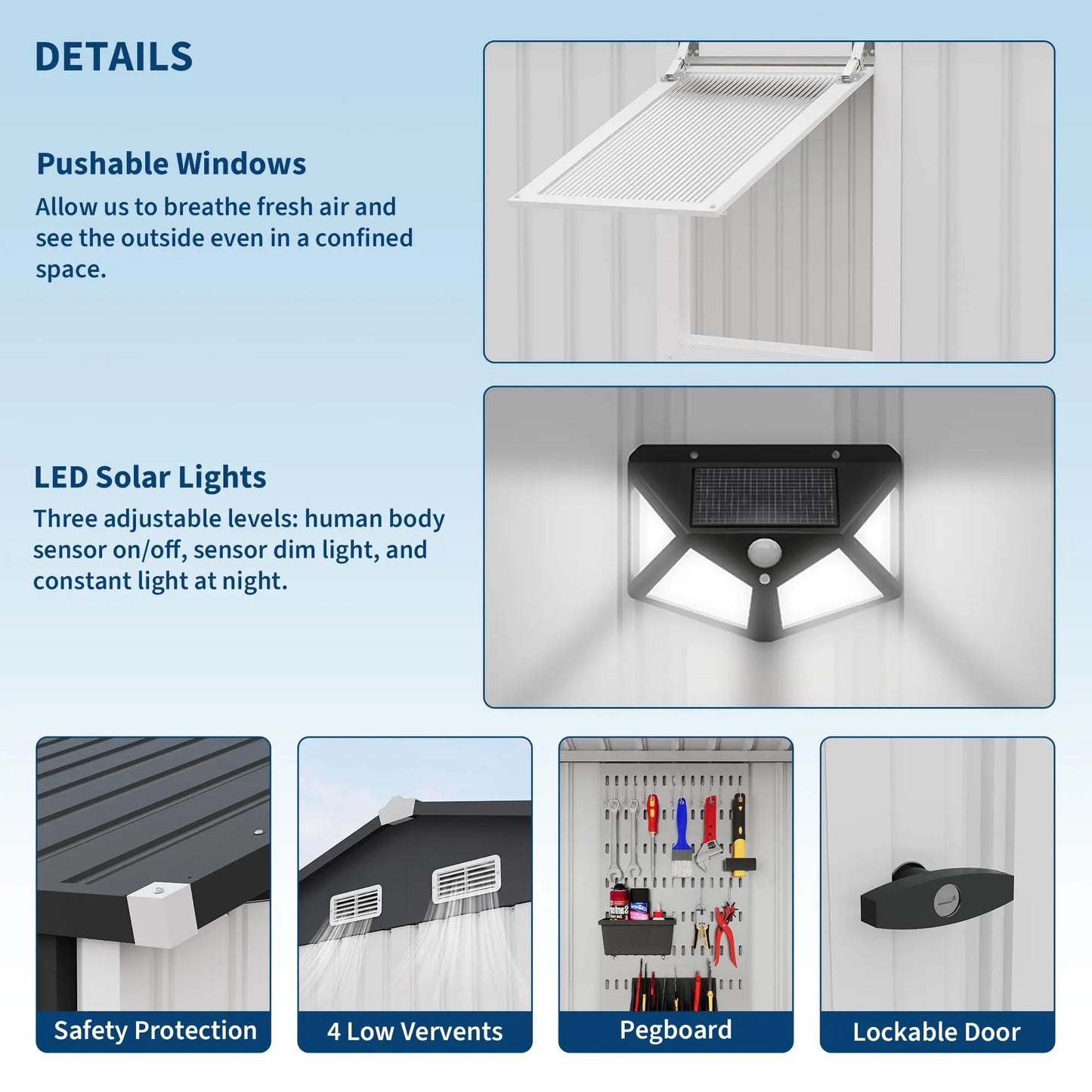 HiMISS Steel Garden Storage Shed With Sloped Roof Lockable Doors Vents Window