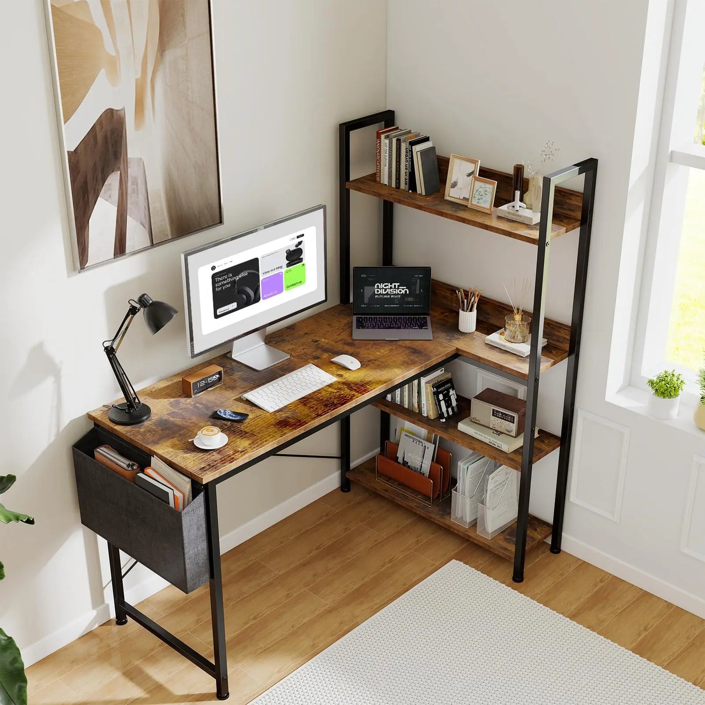 JHK 47 Inch L Shaped Desk with Storage Shelf Computer Table Gaming Wood Tables with Side Bag Adjustable Feet for Home Office