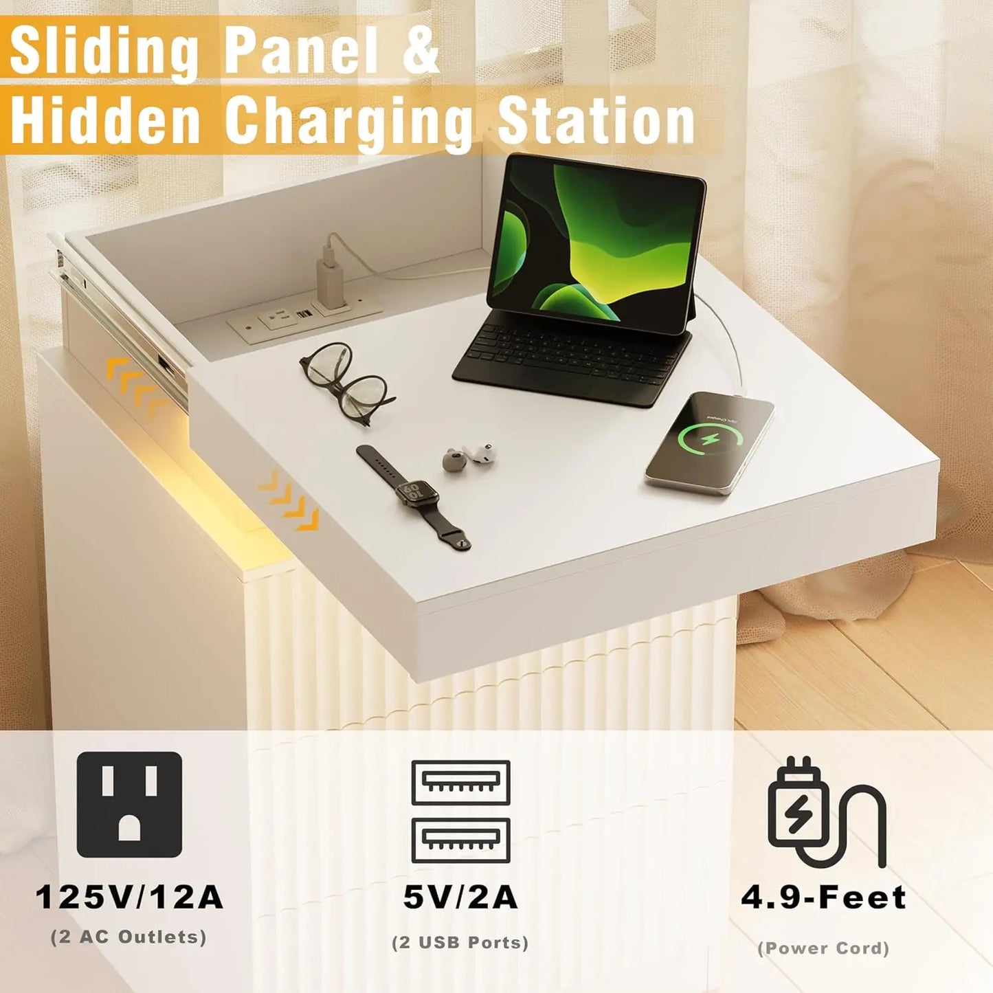 Nightstand Set Of 2 With LED Charging Station Fluted