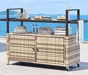 Large Outdoor Kitchen Wicker Island Rolling Cart & Patio Bar Table, w/Wheels and Black Glass Table Top Backyard and Poolside Da