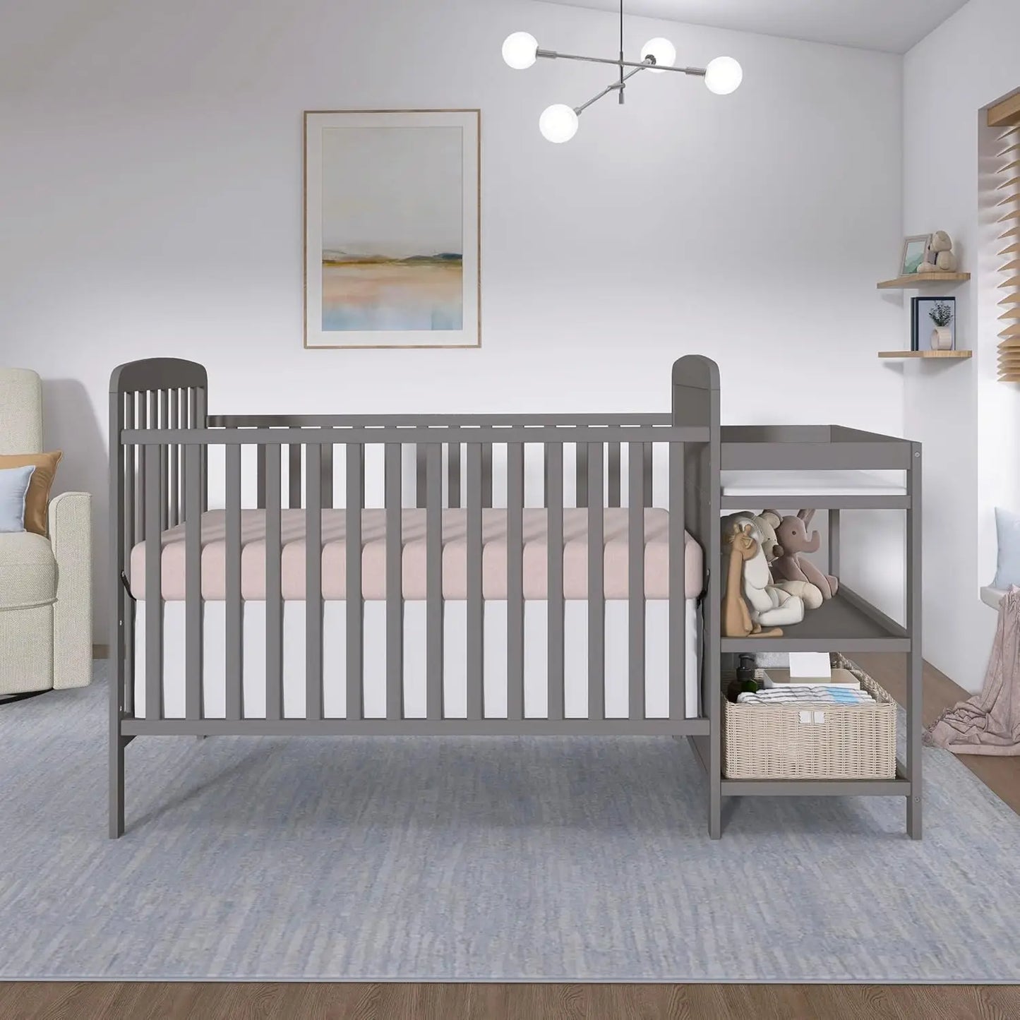 3-in-1 Convertible Baby Crib With Changing Table And Adjustable Mattress