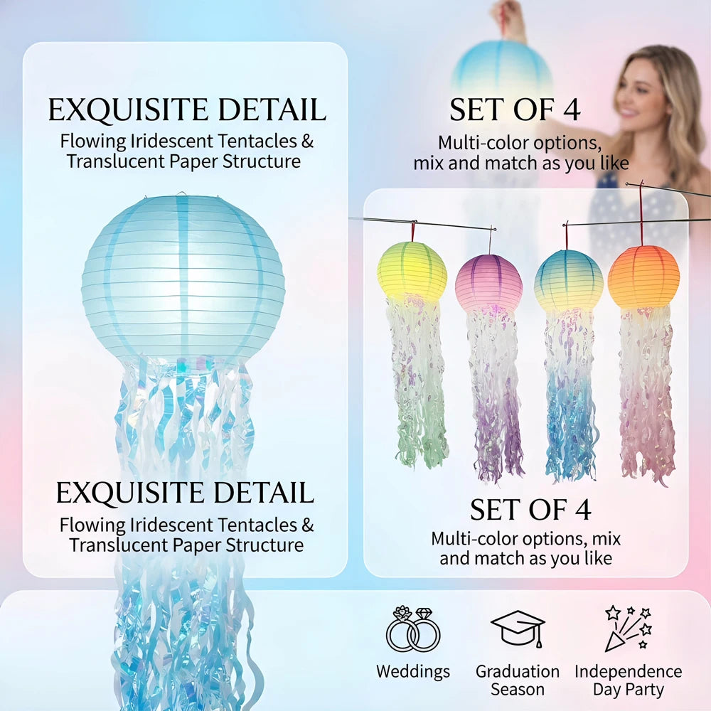 LED Jellyfish Paper Lanterns With Iridescent Tassels For Ocean Parties
