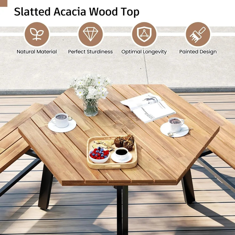 Acacia Wood Hexagonal Picnic Table With Built In Benches