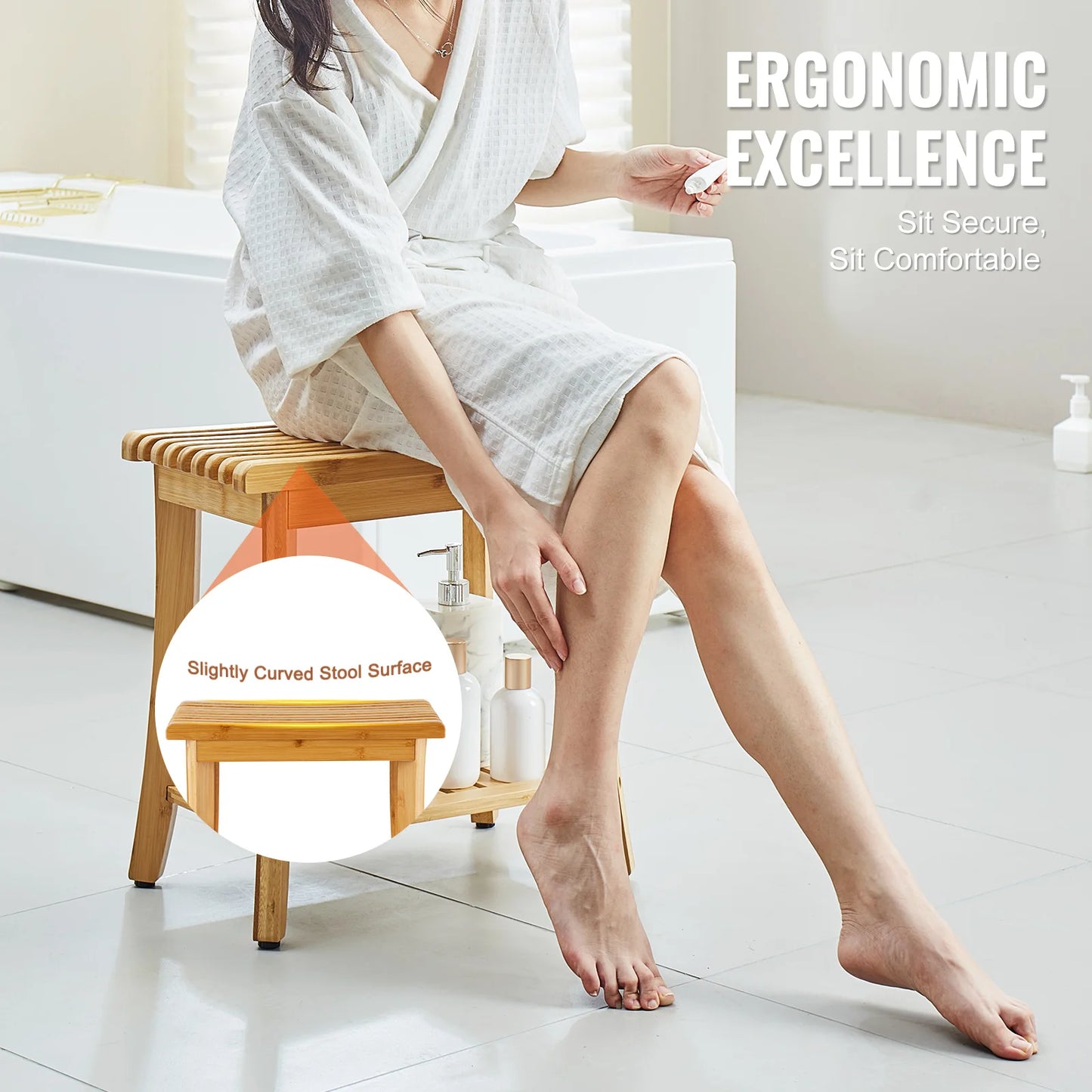 SucceBuy Bamboo Shower Bench With Storage Shelf Waterproof Spa Seat