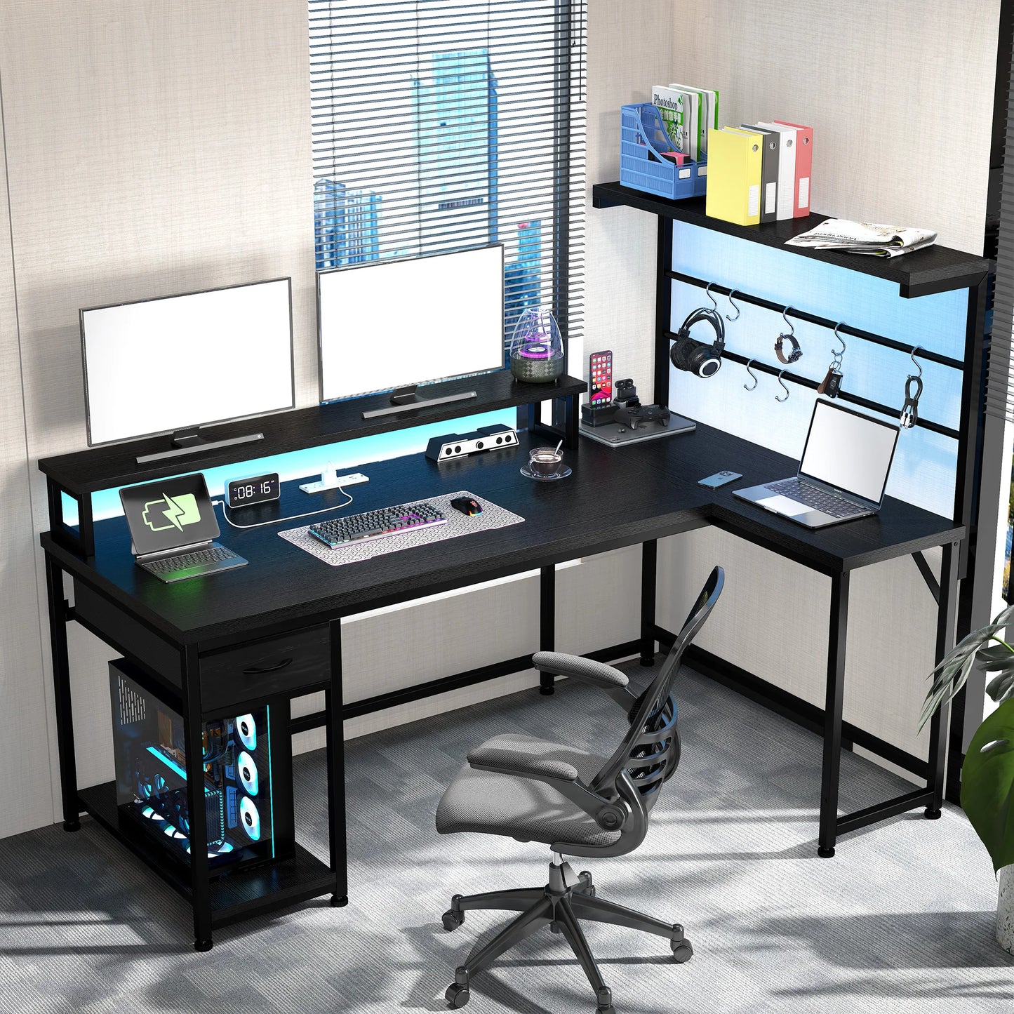 EnHomee 53 Inch L Shaped Gaming Desk With Hutch