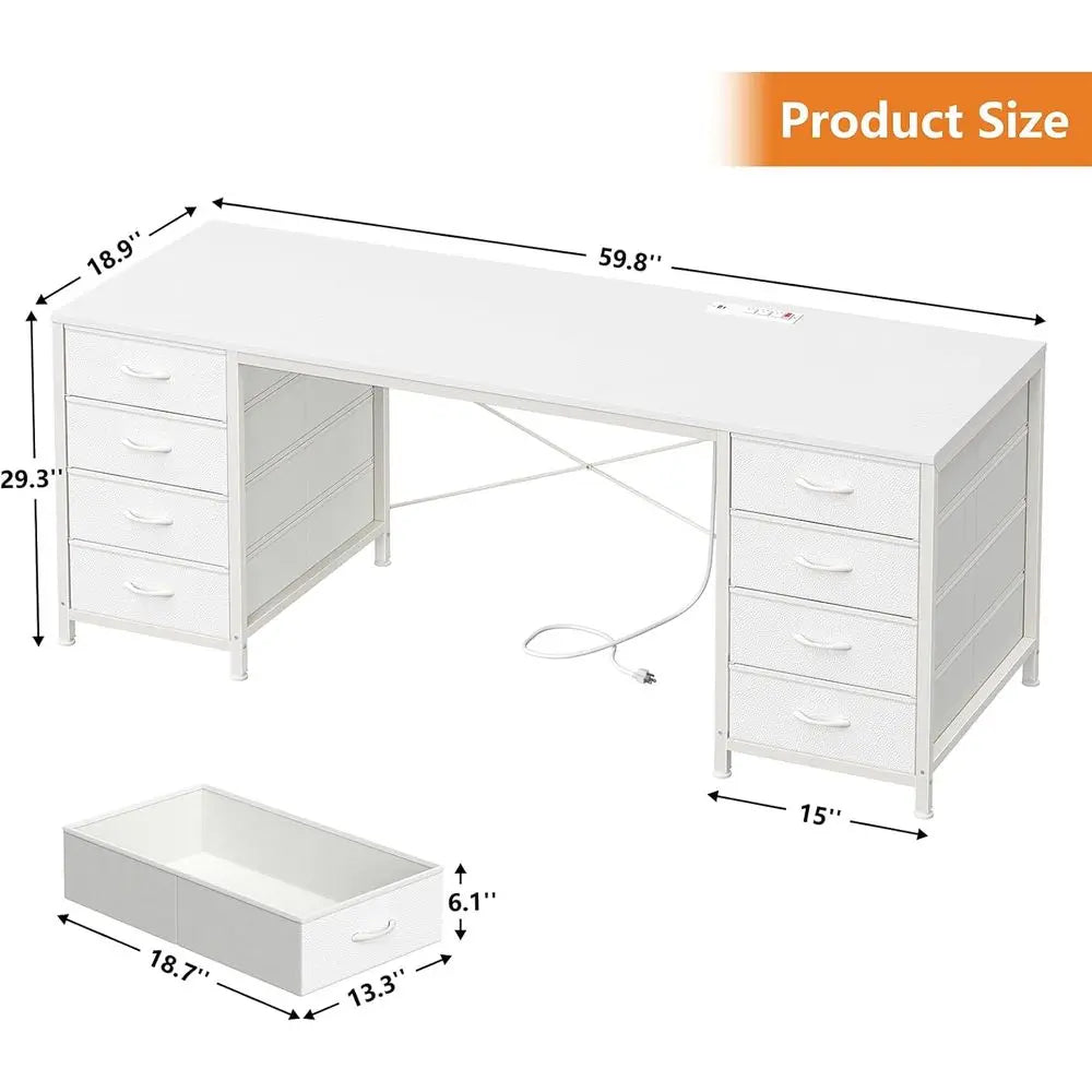 60 Inch Rectangular Computer Desk With 8 Fabric Drawers And Power Outlets