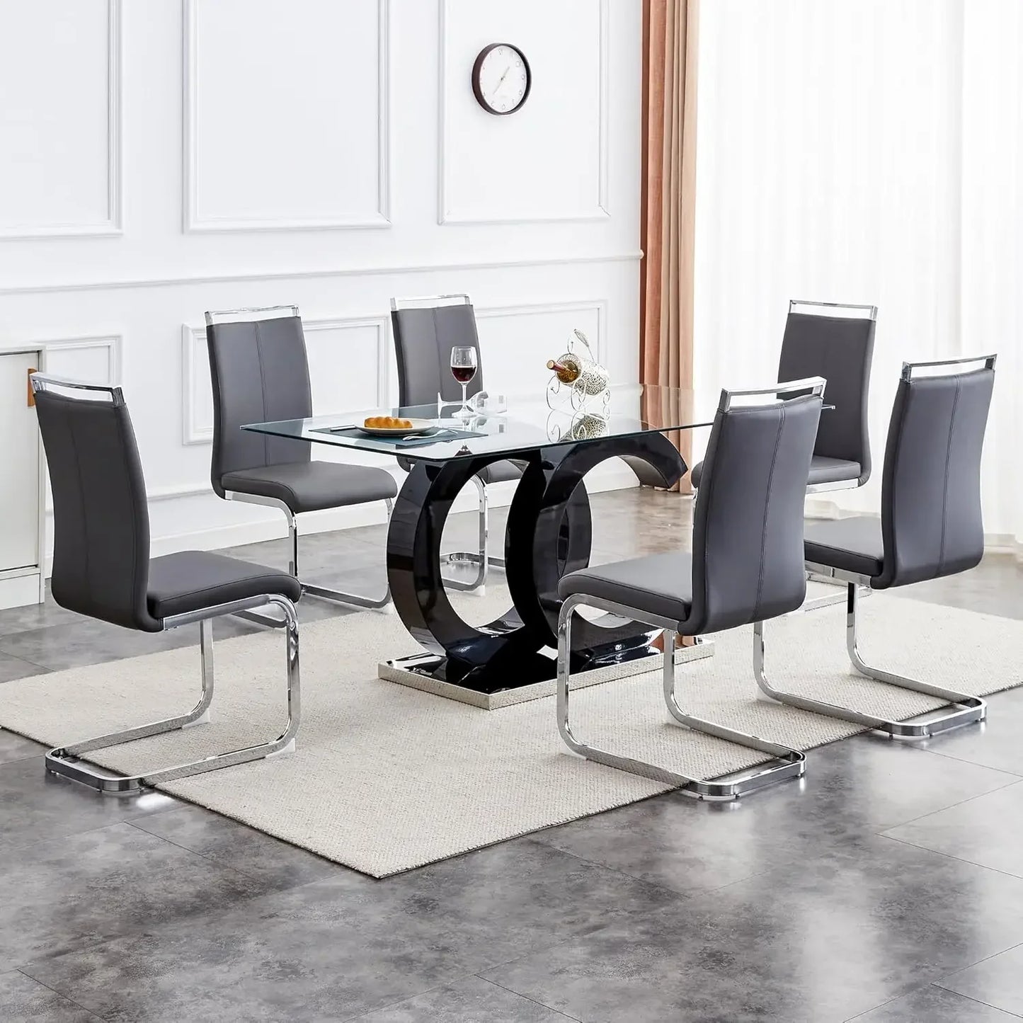 Glass Dining Table Set With Tempered Glass Top PU Chairs