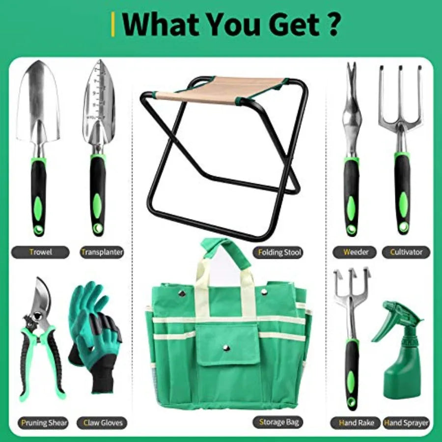 9 PCS Allinone Garden Tools Set Heavy Duty CastAluminium Alloy Gardening Tools Kit with Folding Stool Seat and Detachab