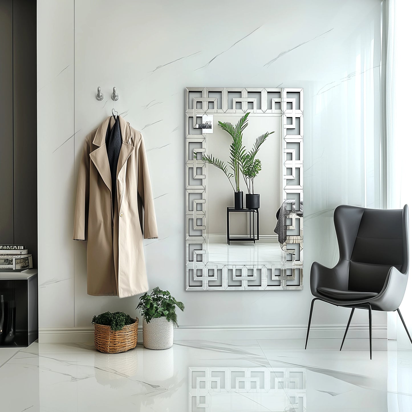 Rectangle Silver Venetian Art Mirror With Beveled Edge Wall Mount