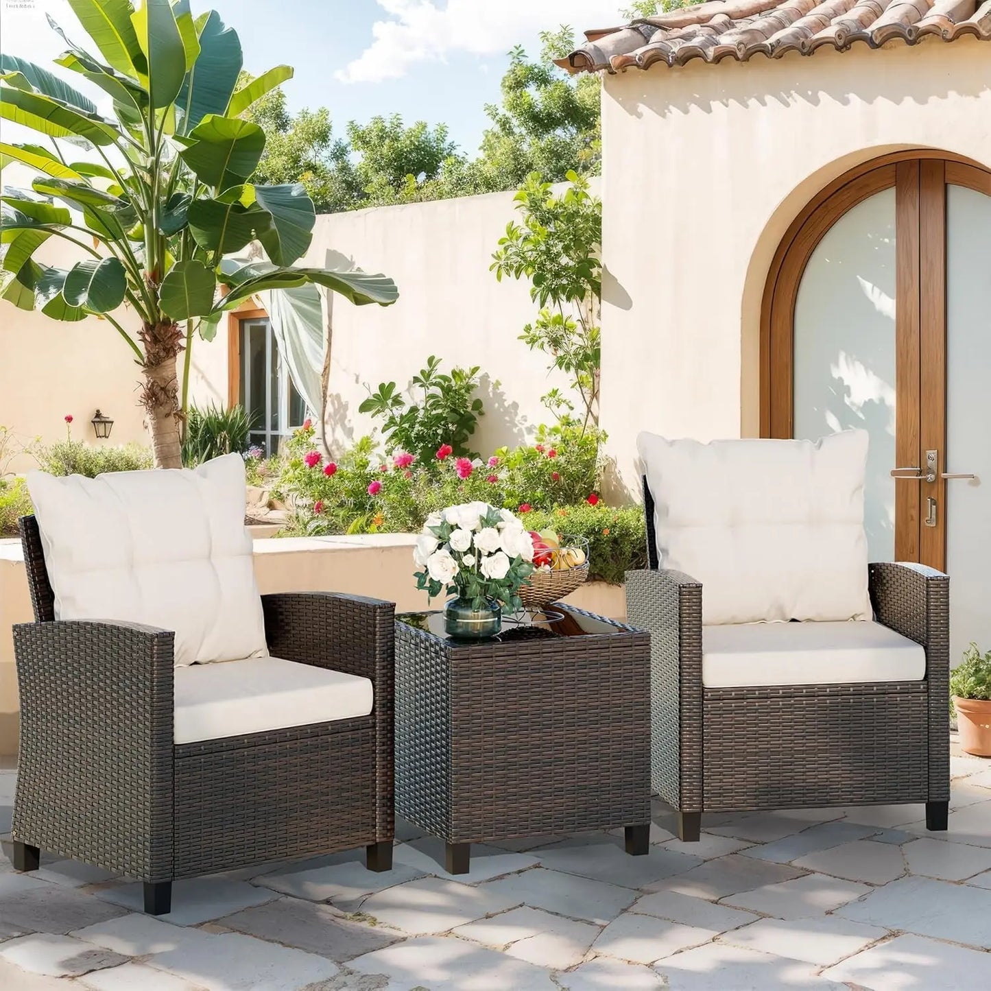 3 Piece Patio Furniture Set Small Outdoor Wicker Rattan Front Porch Bistro Set Cushioned Patio Chairs Conversation, Customized