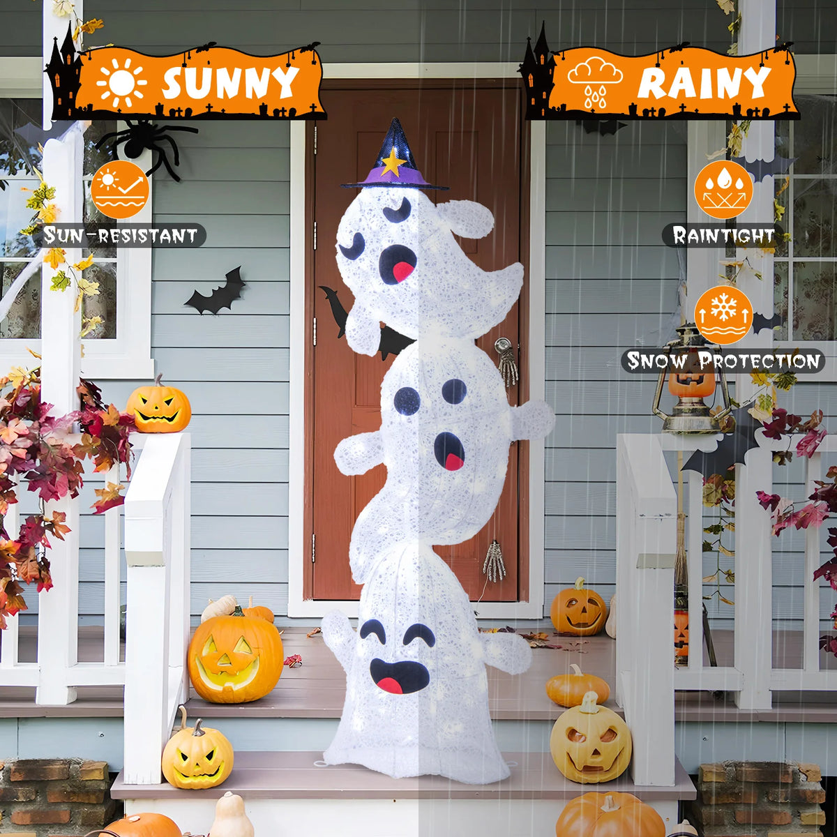 LIFEZEAL Outdoor Stacked Ghost Halloween Decorations With Built In LED Lights