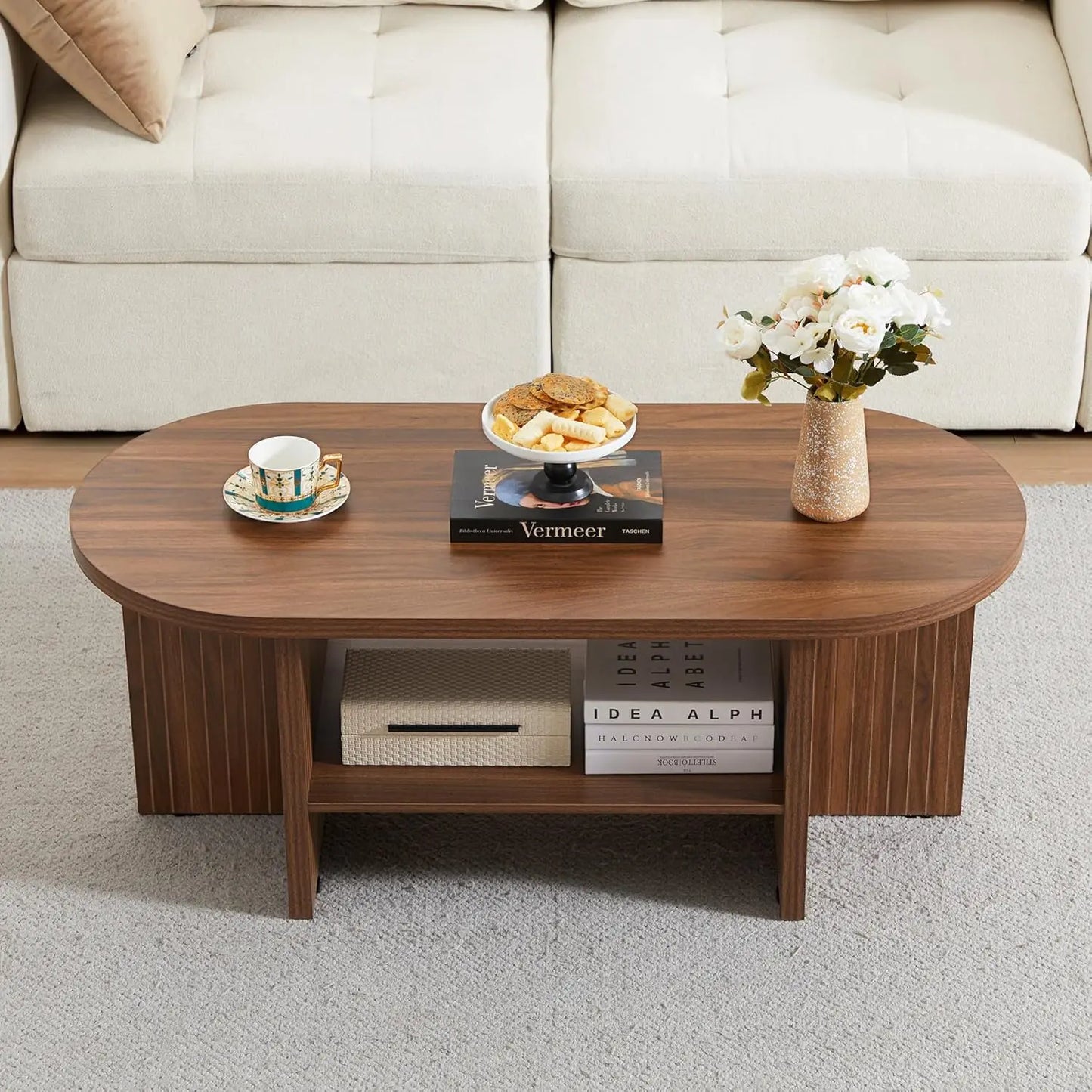 Modern Farmhouse Oval Coffee Table With Storage For Living Room