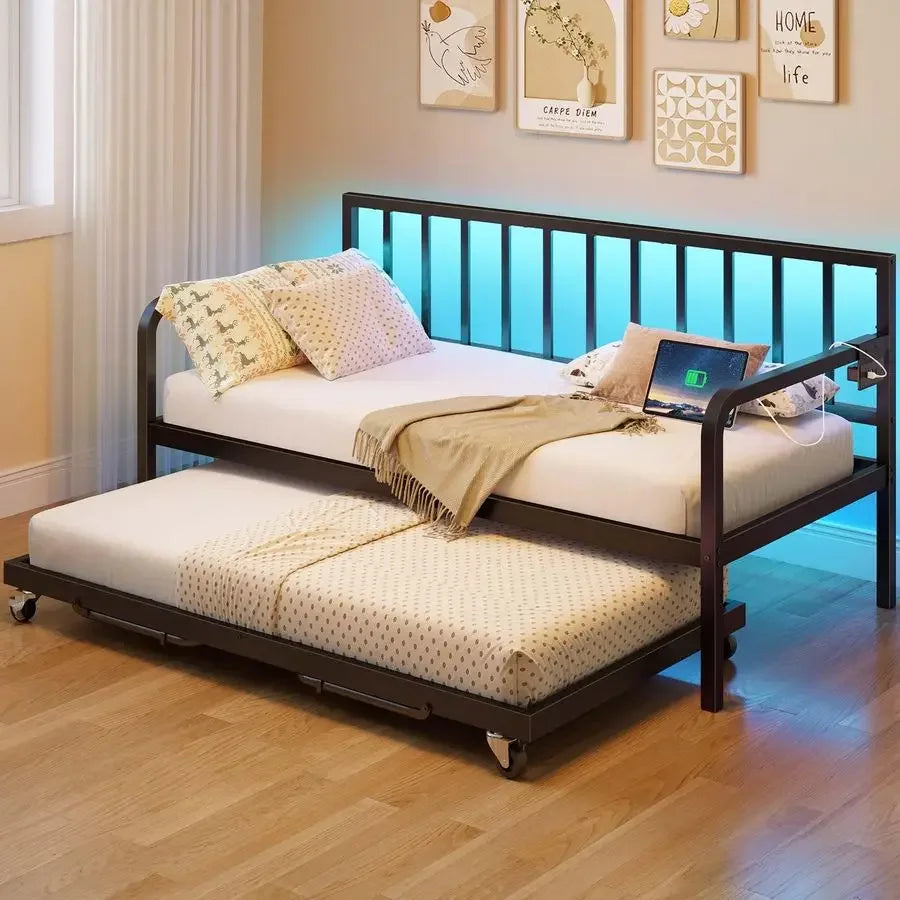 Daybed with Charging Station and LED Lights, Height Adjustable Twin Daybed with Trundle, Metal Sofa Bed Frame with Steel Slat S