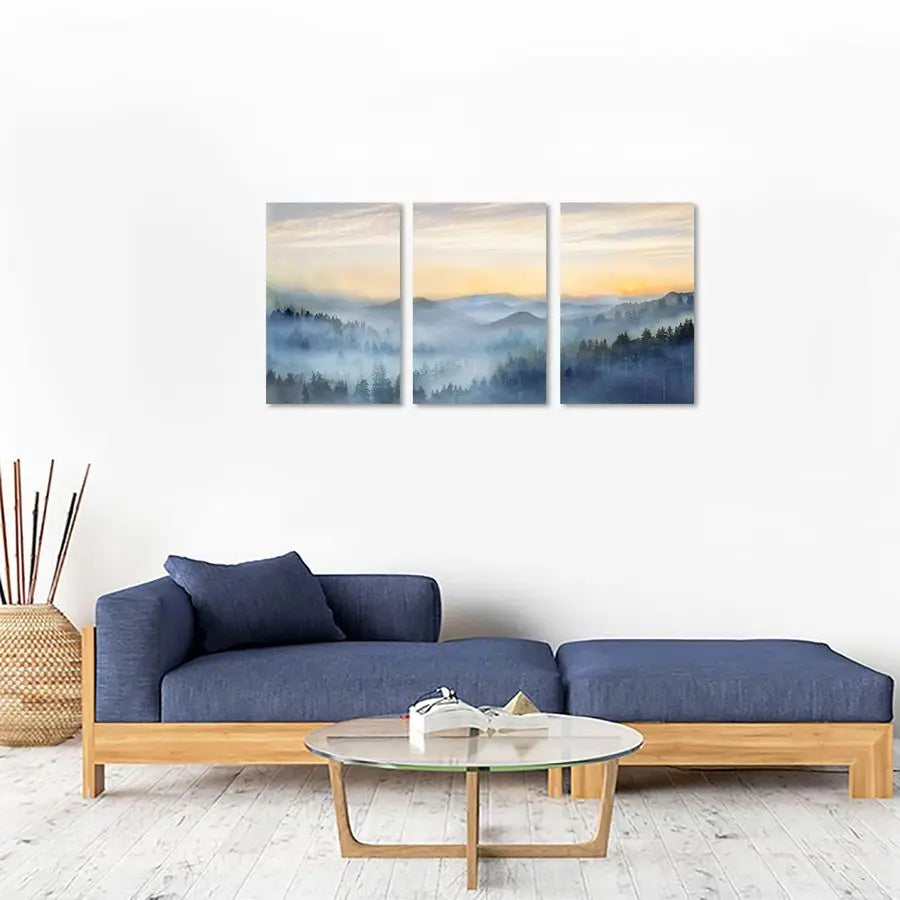 Sunrise Misty Forest Three Panel Wall Art Canvas Framed Decor