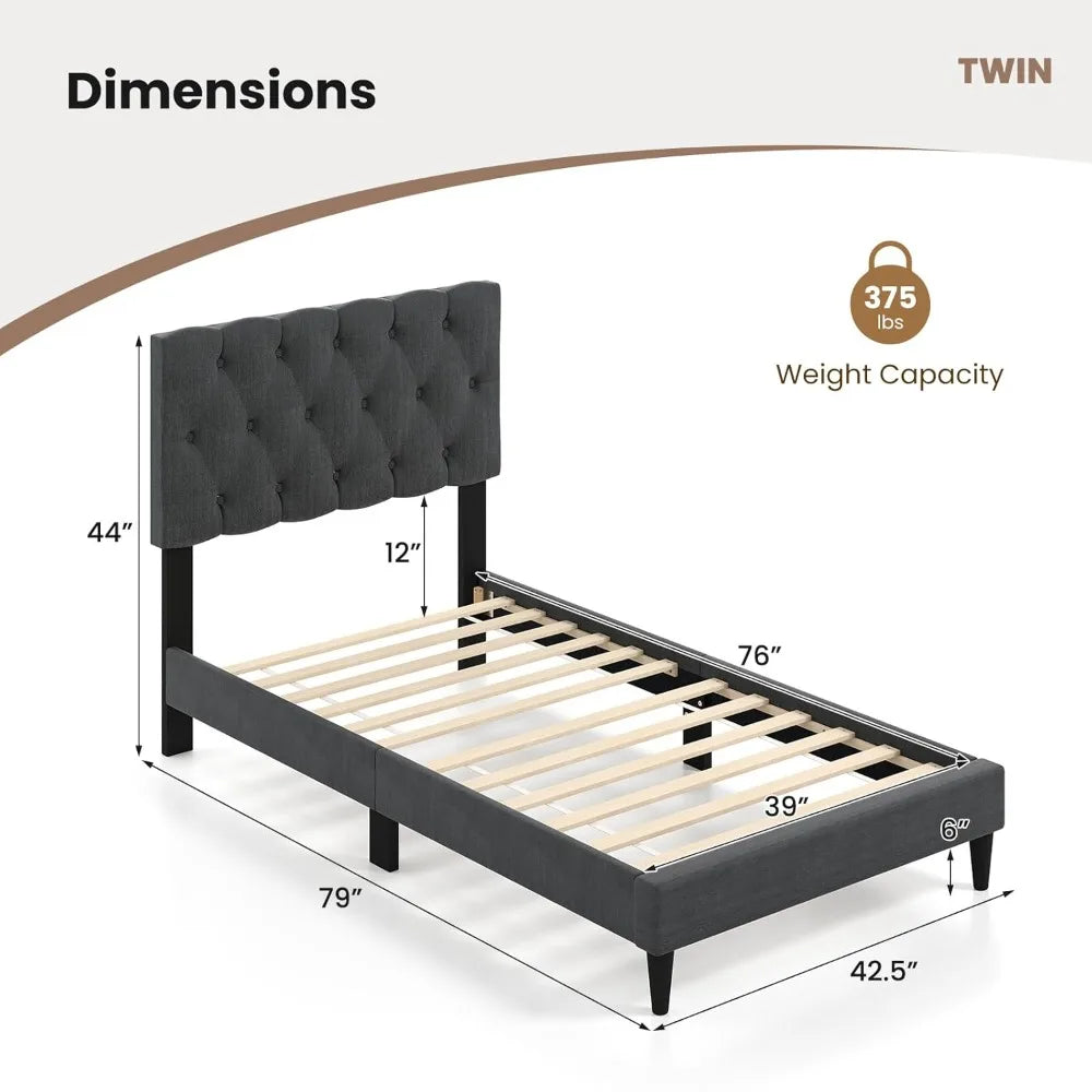 Modern Upholstered Platform Bed Frame with Diamond Tuft Headboard