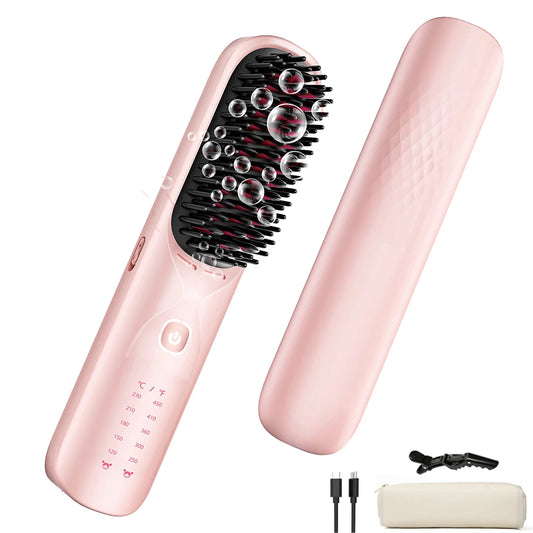 Cordless Hair Straightener Brush 450°F Adjustable Temp 30s Fast Heating 10000mAh Travel Wireless Straightening Comb Adult Kids