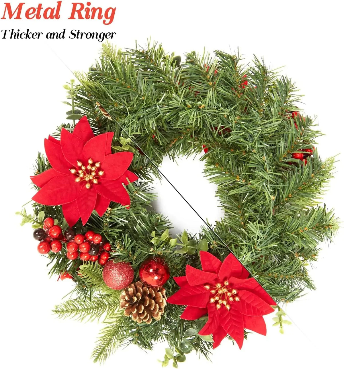 Garvee Christmas Wreath With Red Poinsettia Flowers For Holiday Decor