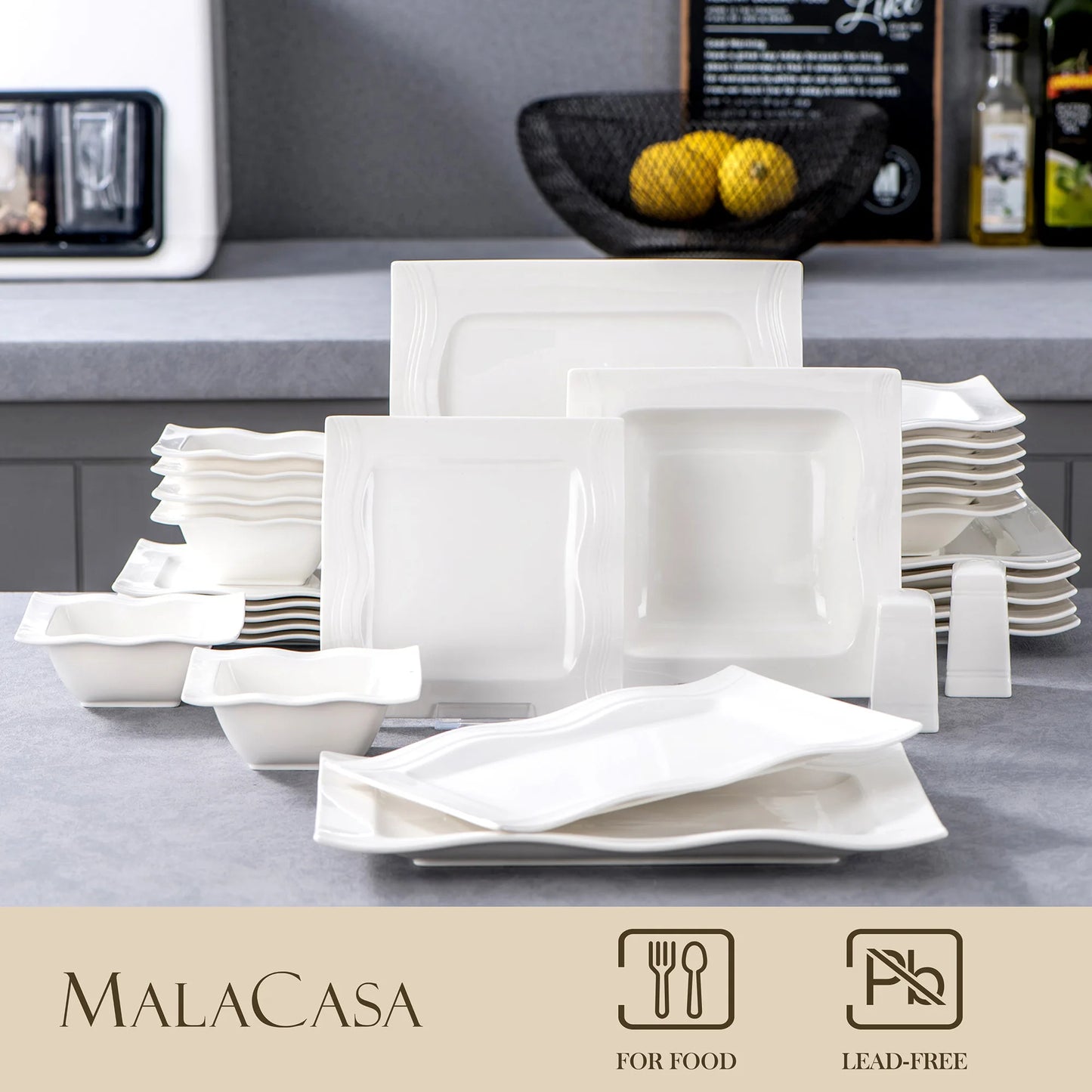 MALACASA 28 Piece Square Porcelain Dinnerware Set For Everyday Use