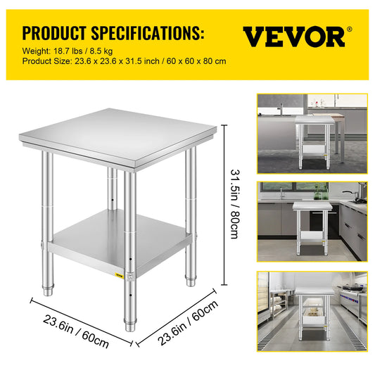 VEVOR Kitchen Work Bench Commercial Catering Table Worktable with Undershelf Stainless Steel 330LBS 286LBS for Restaurant Garage