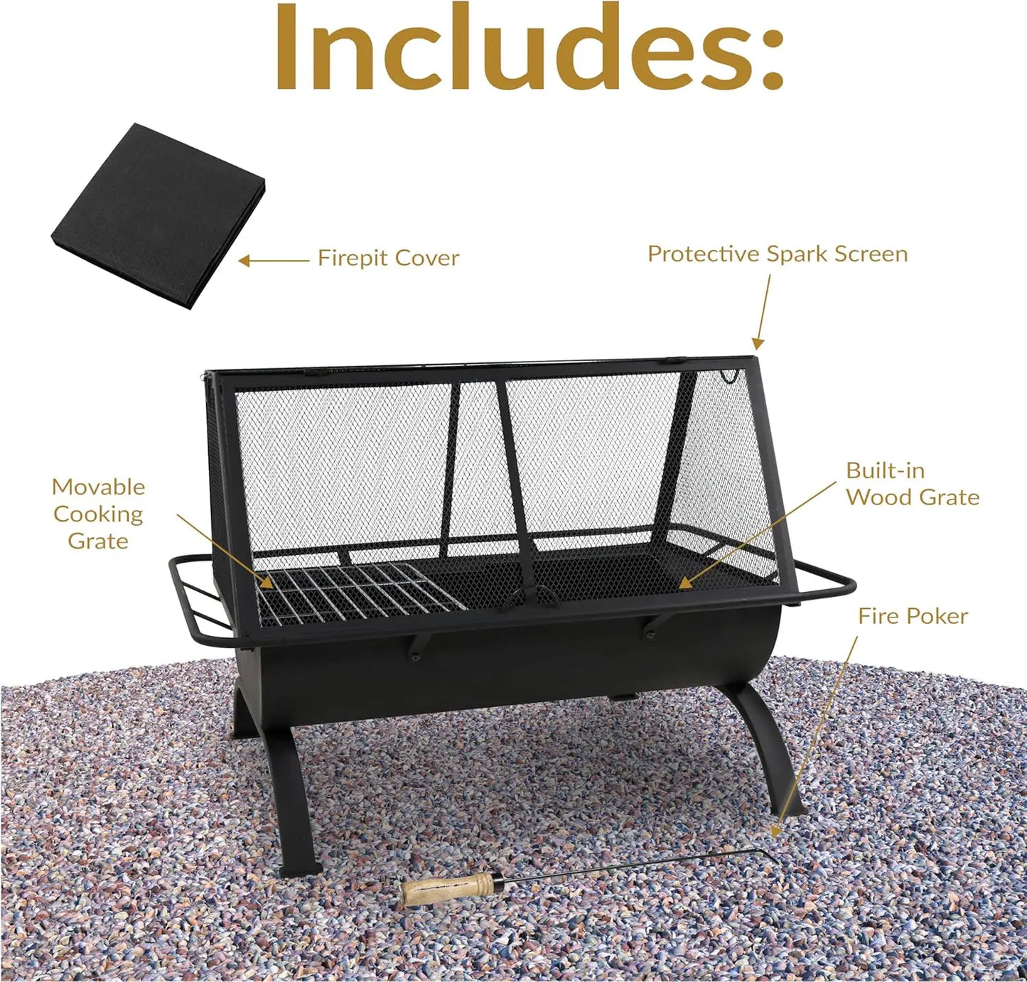 Outdoor Fire Pit With Grill, Spark Screen, Cover, And Poker