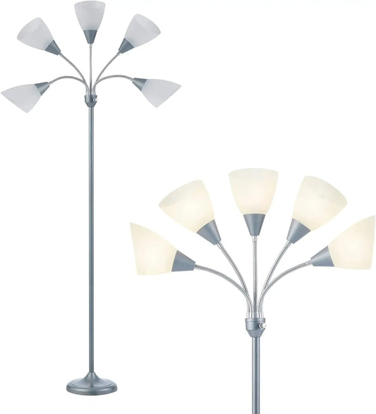 Medusa 5-Head Adjustable Floor Lamp, Large Shade, Silver, E26/A19 Bulb, Living Room Bedroom Reading Light