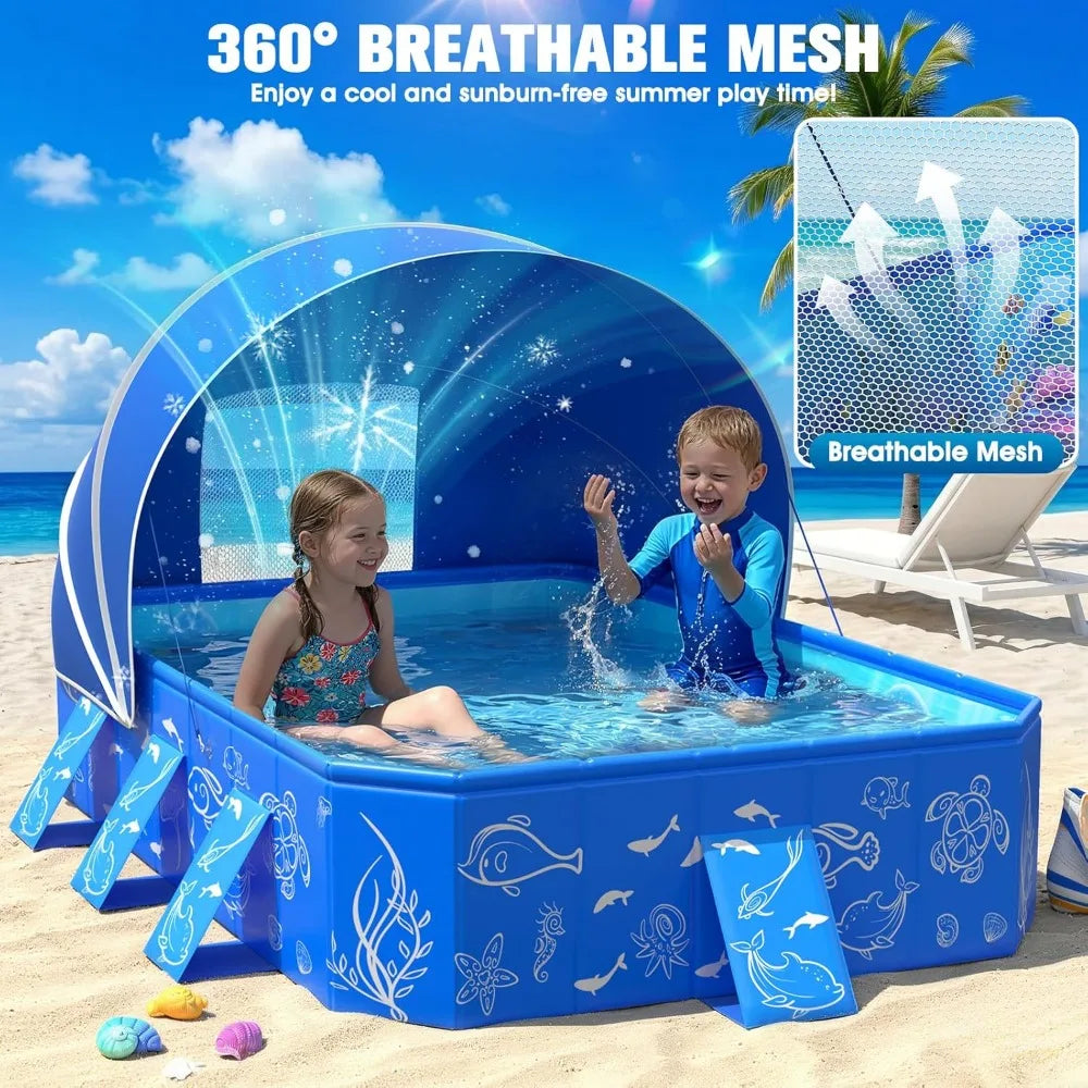 Foldable Kiddie Pool With Canopy For Toddlers Non Inflatable Shade Pool