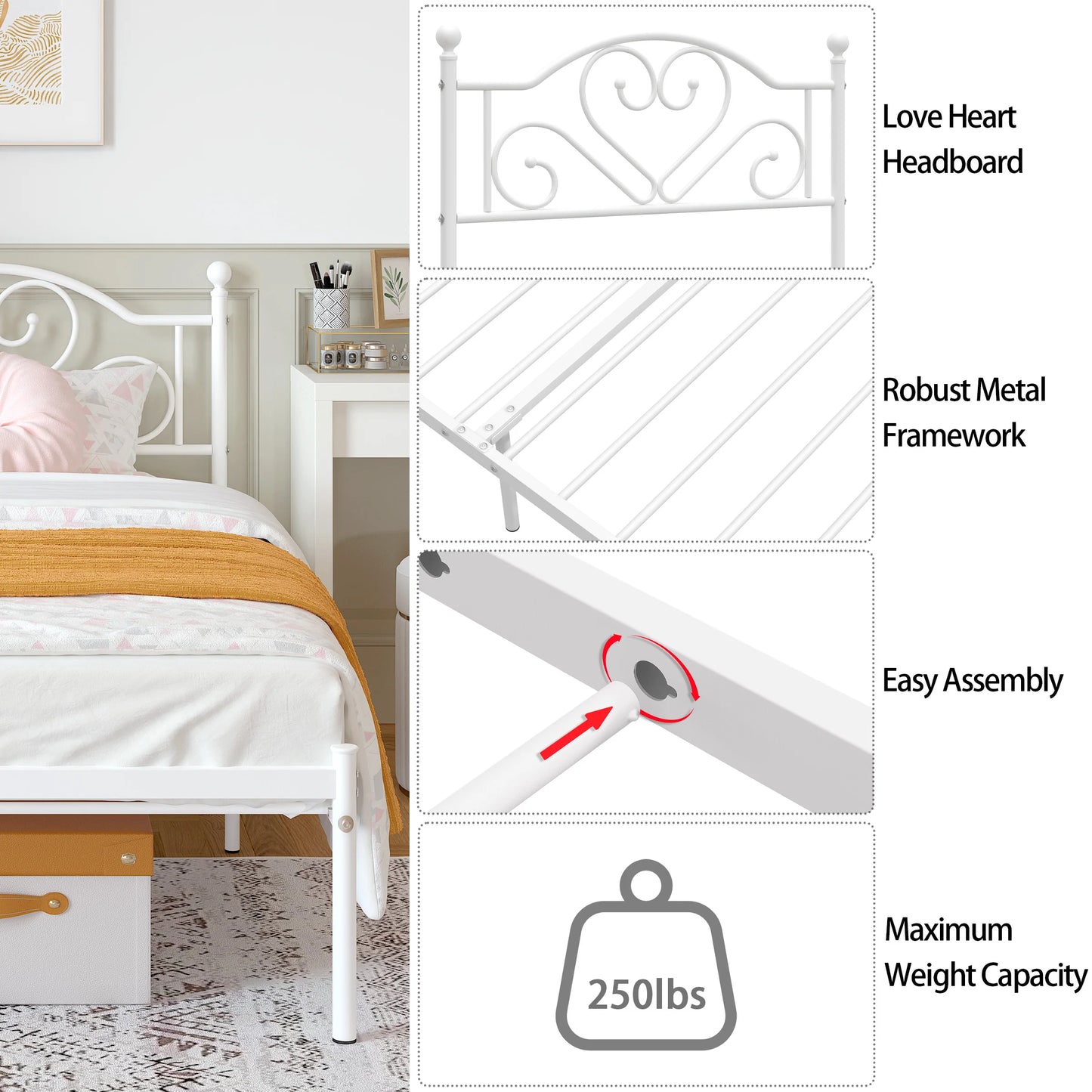 MERRONIX Heavy Duty Metal Bed Frame With Heart Shaped Headboard