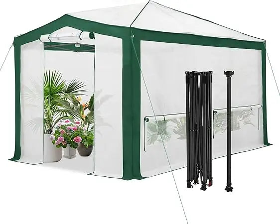 12x8 Portable Walk in Greenhouse with Polyester Reinforced Corners, Instant Pop up Indoor Outdoor Gardening Green