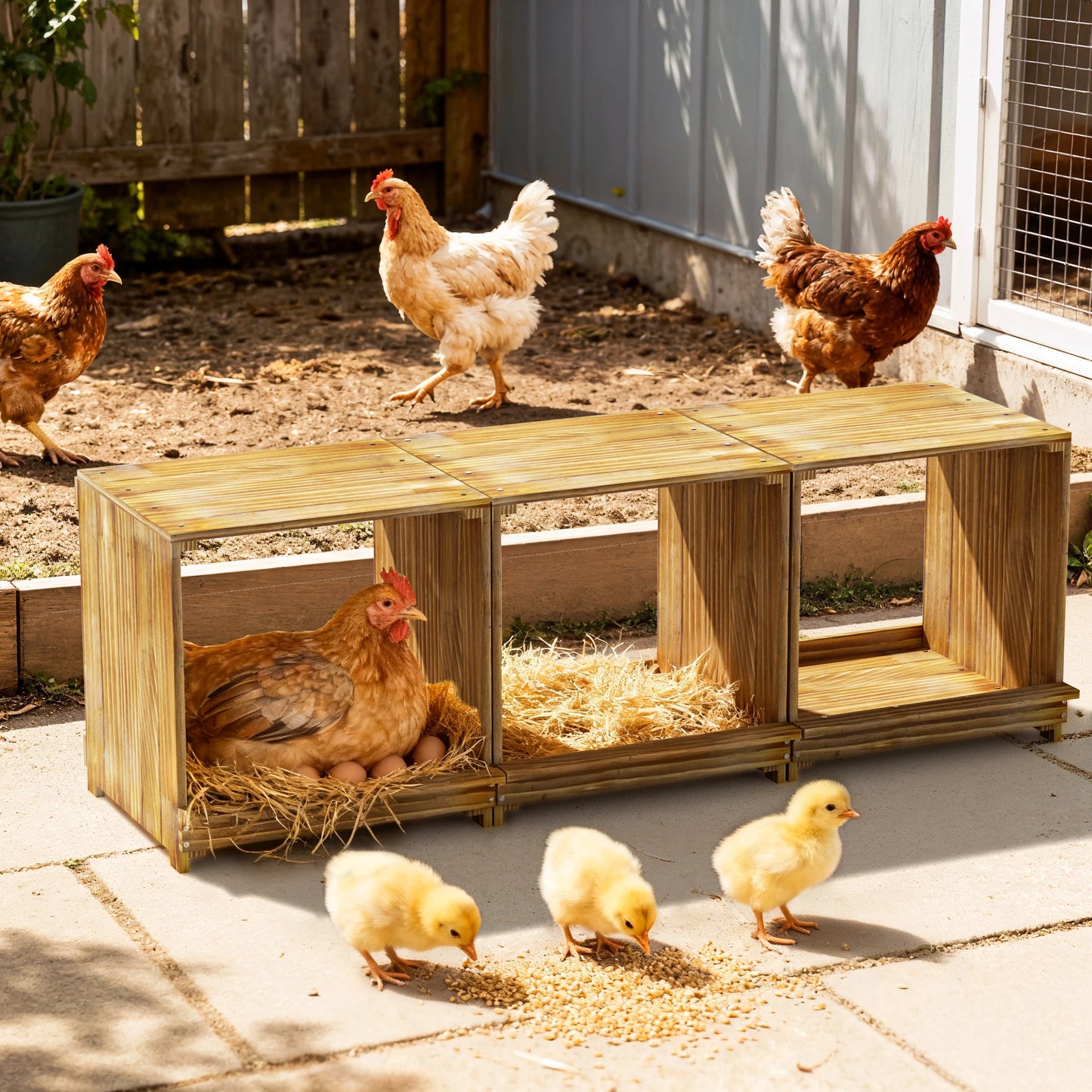 BORWART 3-Compartment Wooden Nesting Box For Chickens And Ducks