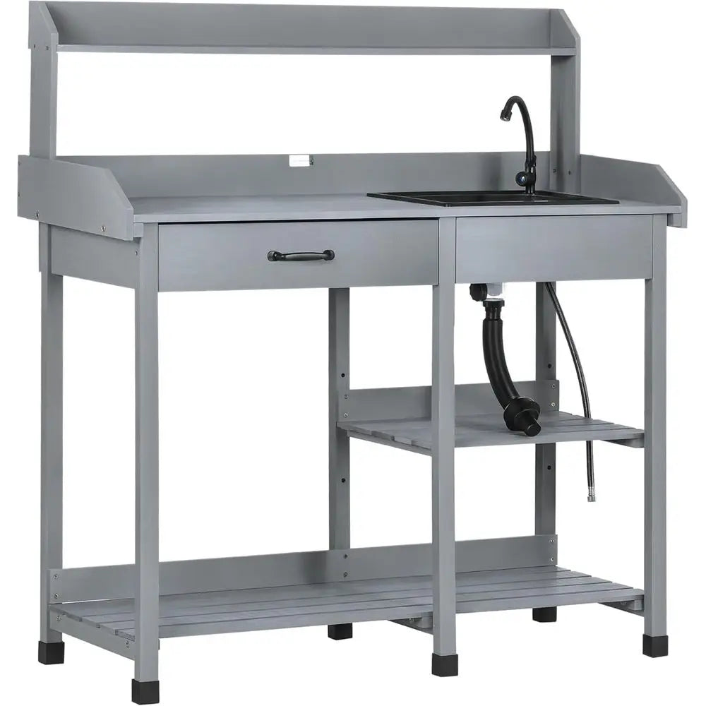 Outdoor Wooden Garden Workbench With Detachable Sink, Faucet, Storage, And Hooks