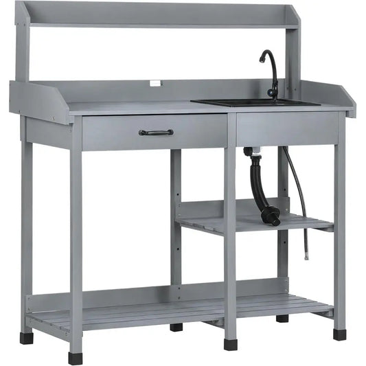 Outdoor Wooden Garden Workbench With Detachable Sink, Faucet, Storage, And Hooks