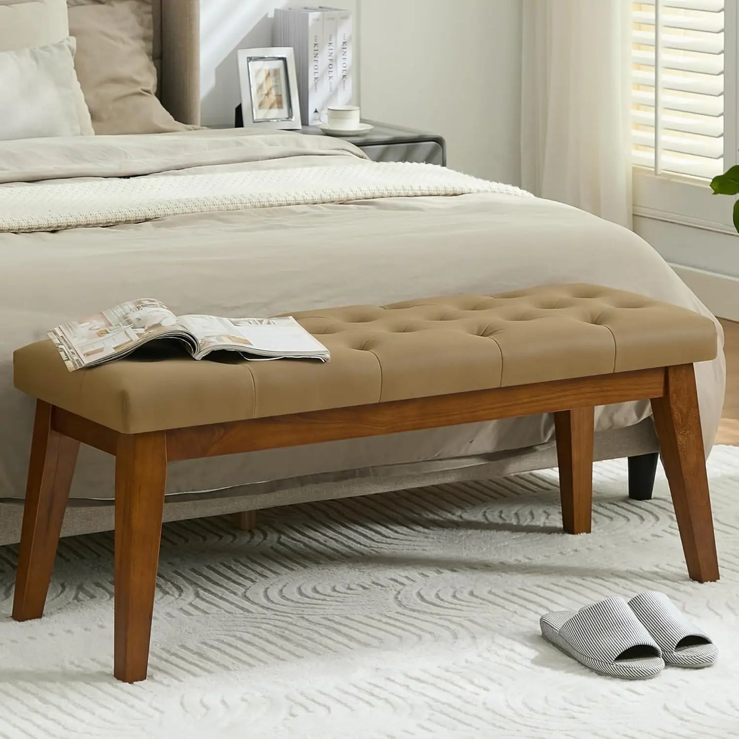 Linen Upholstered Bedroom Bench for End of Bed and Entryway