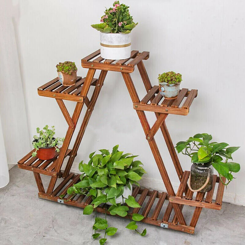 Six Tier Wood Plant Stand for Corner Display Indoor Use