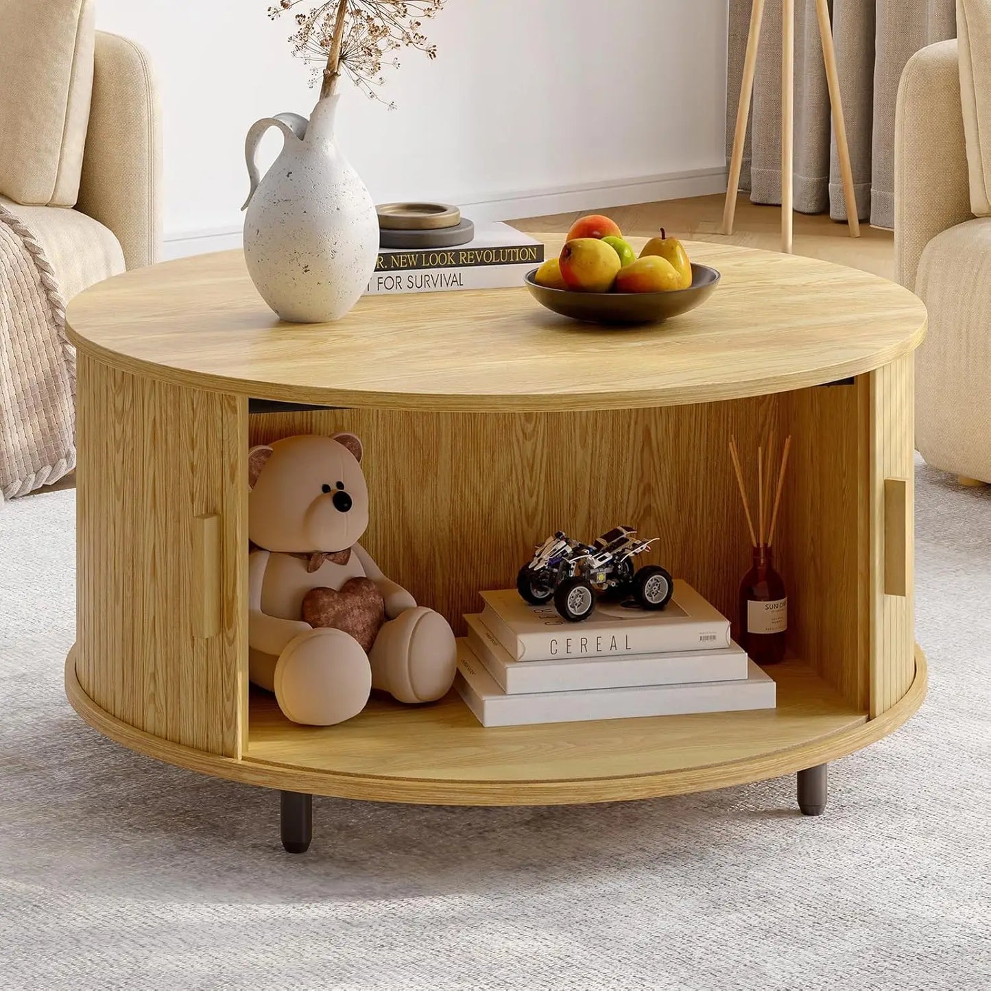 Round Coffee Table With Storage Drum Design And Sliding Door