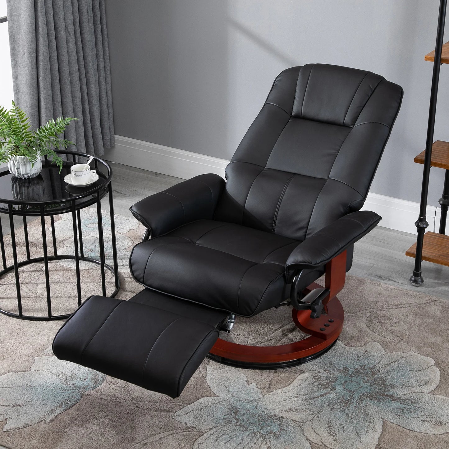 HOMCOM Faux Leather Reclining Lounge Chair With Swivel Wooden Base