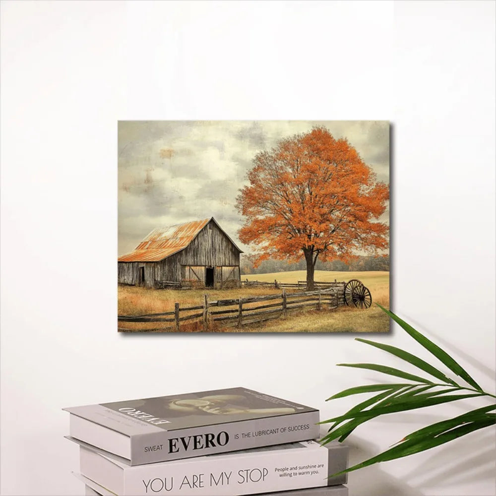 Pine Wood Frame Art Deco Mural Country Farmhouse Scene