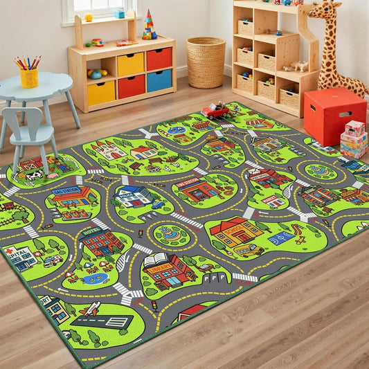Kids Car Playmat Rug with City Map Design, Non-Slip Backing, Washable and Educational Toy Car Track Mat for Children