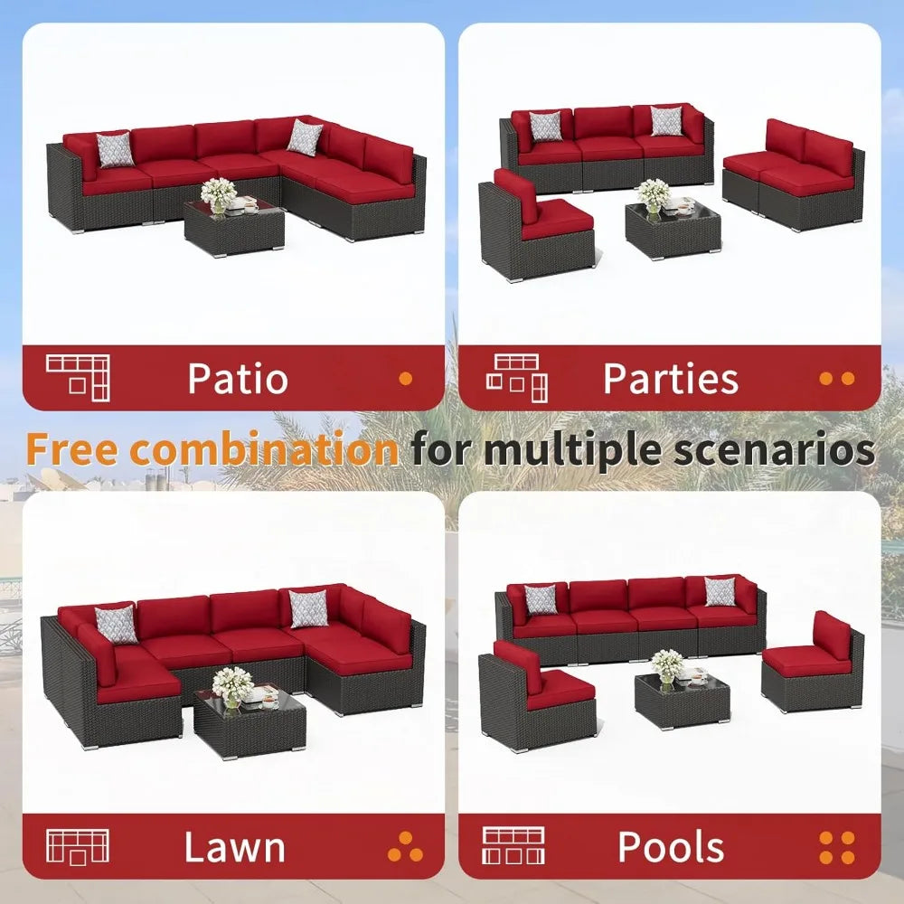 Outdoor 7 Piece Patio Sofa Set Glass Top Table Cushions