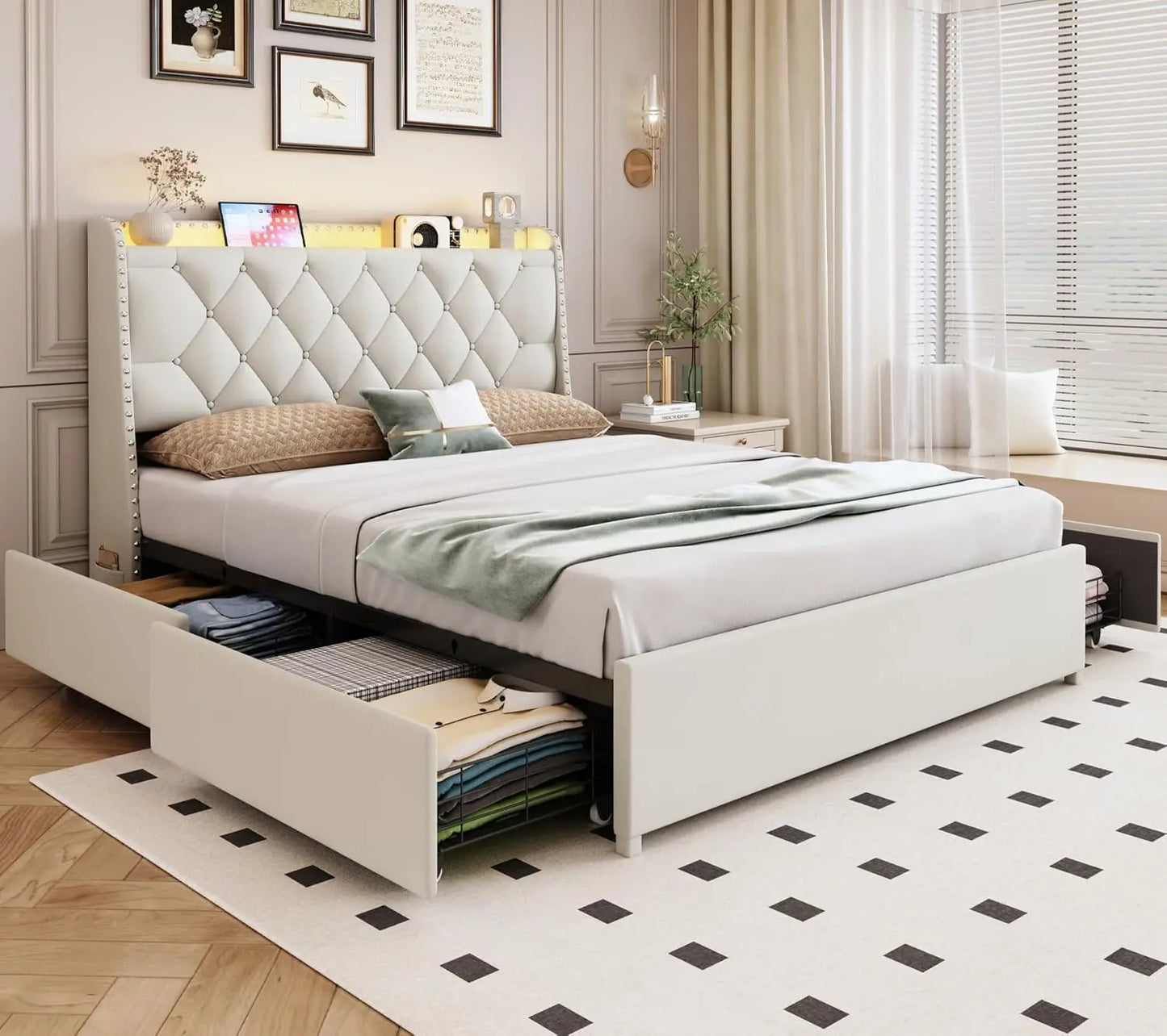 Bed Frame With 4 Drawers Storage Headboard LED Lights USB