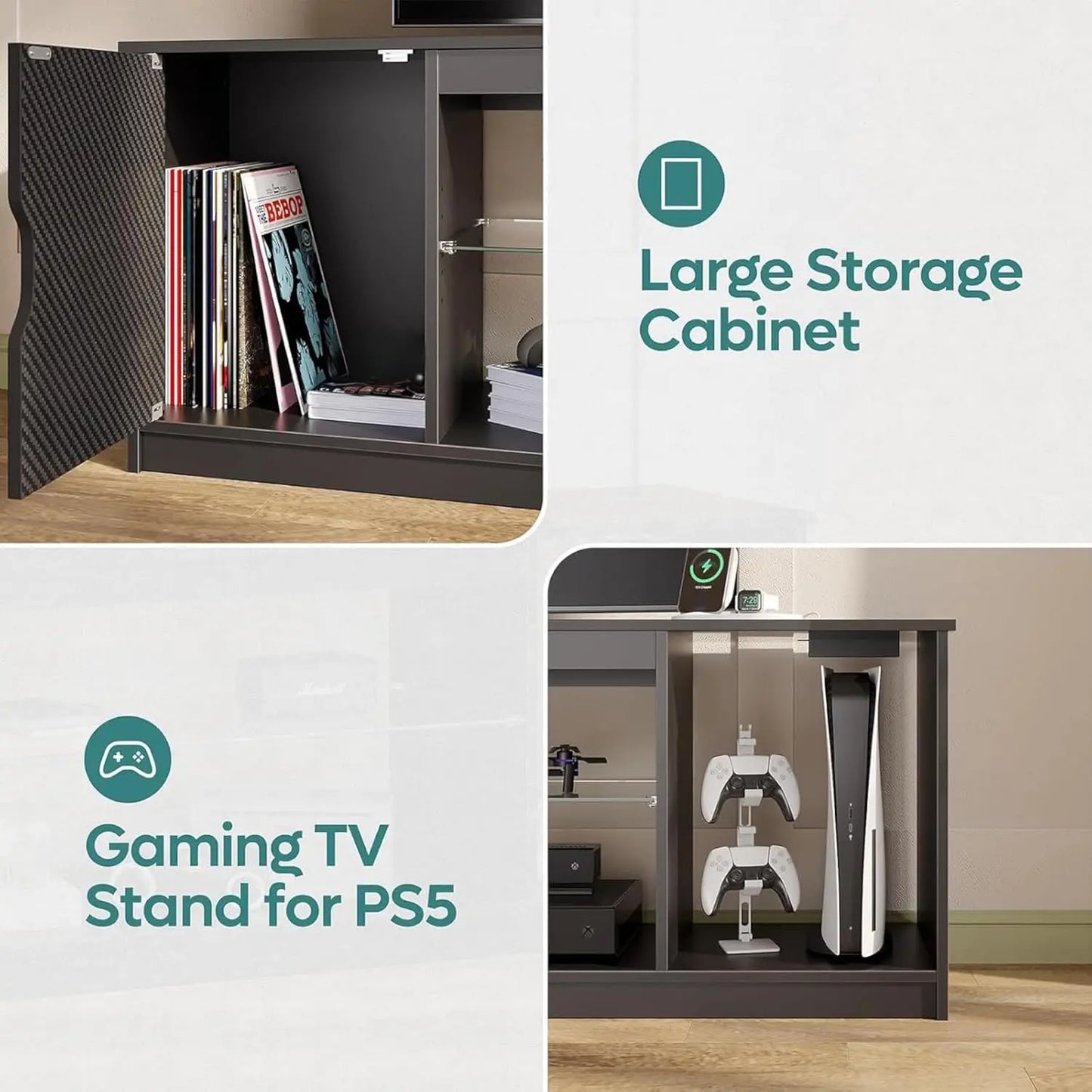 Gaming TV Stand With Power Outlets And Adjustable Glass Shelves